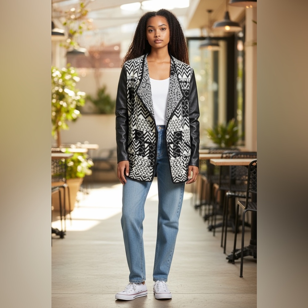 Textured Woven Cardigan Front Sweater W/Leather Sleeve and Trim Small